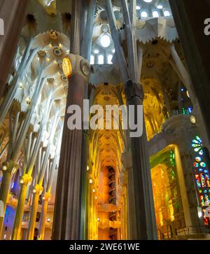 Luce colorata che illumina l'interno della basilica della Sagrada Familia Foto Stock