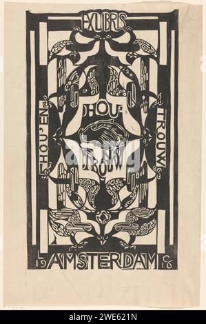 Ex Libris della Hou'en Trouw Association, Carel Adolph Lion Cachet, 1916 stampa al centro due mani che si scuotono a vicenda. Sinistra verticalmente 'Hou' e ', sulla destra verticale' Faithful '. Uccelli stilizzati sopra e sotto. Carta di Amsterdam che stringe la mano, "dextrarum junctio". Birds Amsterdam Foto Stock
