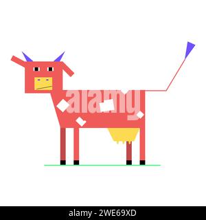 Illustrazione vettoriale in stile cartoni animati di una mucca carina costruita con semplici forme geometriche. Ideale per poster, adesivi o stampe su qualsiasi superficie Illustrazione Vettoriale