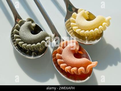 Vari tipi di pasta su cucchiai su fondo di pietra bianca. Diversi tipi di  pasta su cucchiai disposti a cerchio. Vista dall'alto Foto stock - Alamy