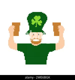 Festa di San Patrizio. Uomo con abiti verdi e cappello tradizionale con bicchieri da birra in mano. Illustrazione vettoriale graziosa in stile pixel Illustrazione Vettoriale