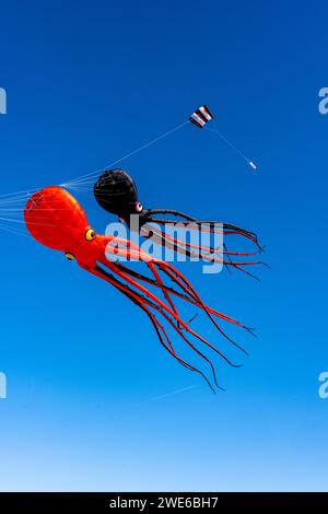 Aquiloni a forma di polpo che volano contro il cielo blu Foto Stock