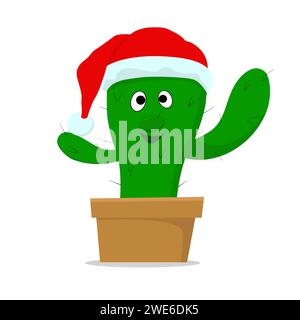 Buon cactus sorridente con il cappello di Babbo Natale. Albero di Natale verde. Stile di vita ecologico Illustrazione Vettoriale