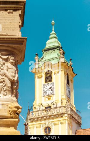 Slovacchia, regione di Bratislava, Bratislava, vecchio municipio con la Fontana di Massimiliani in primo piano Foto Stock