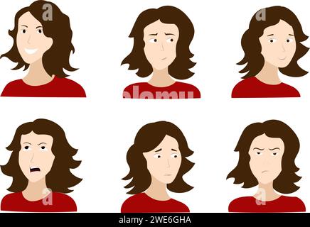 la donna affronta varie emozioni tristi e felici. Prima e dopo la reazione di un umore umano. Design dei personaggi. Illustrazione del vestore piatto Illustrazione Vettoriale