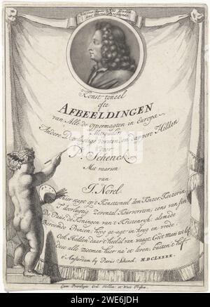 Stampa del titolo per una serie di governanti in Europa, Pieter Schenk (i), stampa del 1690 Stampa del titolo per una serie di governanti in Europa, con un ritratto del poeta Jan Norel. Acconciature di carta/incisione di Amsterdam: "amores", "amoretti", "putti". scrittura a mano, scrittura come attività. tavolozza Foto Stock