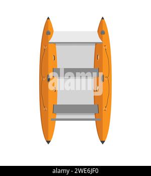Catamarano arancione gonfiabile isolato con fondo morbido e panchine per zattere sul fiume. Stile piatto. Outfit sportivi per attività all'aperto in estate Illustrazione Vettoriale