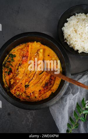 Molea di pesce di Kerala fatto in casa - Molly servita con riso bollito, fuoco selettivo | curry di pesce Pmpano dell'India meridionale Foto Stock