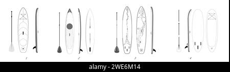 Illustrazione isolata della scheda SUP. Paddle board. Set di quindici oggetti Illustrazione Vettoriale