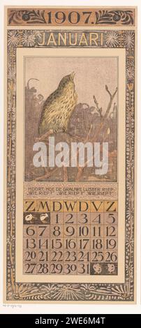 Calendarblad January con Lijster, Theo Van Hoytema, 1906 stampa l'uccello è su un ramo. Una crack line sotto l'anno. Amsterdam paper gennaio  altri concetti. song-birds: mughetto Foto Stock