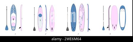 Illustrazione isolata della scheda SUP. Paddle board. Set di quindici oggetti Illustrazione Vettoriale