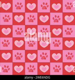 Motivo a cuori rosa e rosso a quadri con impronte di zampe Illustrazione Vettoriale