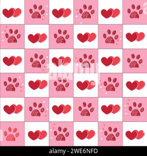 Motivo a cuori rosa e rosso a quadri con impronte di zampe Illustrazione Vettoriale