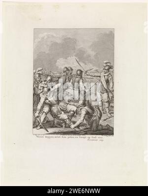 Morte di Charles de Boisot, 1575, Theodoor Koning, dopo Jacobus Buys, 1785 stampa durante una battaglia con Mondragon, Charles de Boisot trova la morte sul campo di battaglia, 29 settembre 1575. Questa stampa fa parte di una serie di 24 stampe con scene della vita del principe Guglielmo i, 1568-1584, ed è un'illustrazione del diciassettesimo canto. Incisione di carta di Amsterdam morente. battaglia, lotta in generale Foto Stock