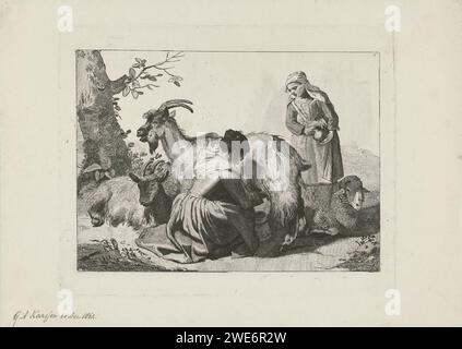 Goats Melken, George Andries Karsen, 1862 stampa paesaggio con pecore e capre in cui una capra è munta. capra con incisione di carta. milkmaid. pecore Foto Stock
