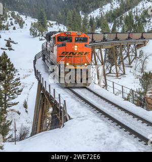 il treno che trasporta le carrozze a carbone verso mullan passa sopra un cavalletto in inverno vicino ad austin, montana Foto Stock