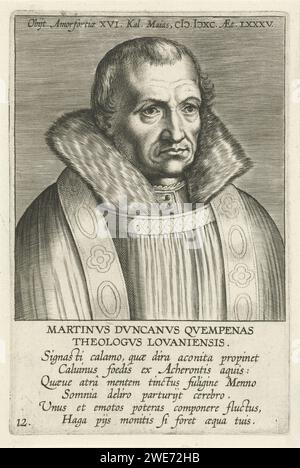 Ritratto di Martinus Donck, Philips Galle (attribuito a bottega o), 1604 - 1608 stampa Ritratto di Martinus Donck, sacerdote olandese. Busto a destra. La stampa ha una parte superiore e una didascalia in latino e fa parte di una serie di famosi studiosi olandesi e fiamminghi. Incisione in carta Anversa Foto Stock