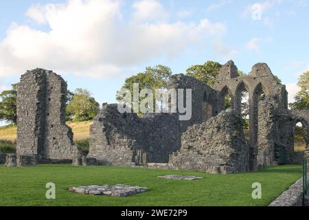 Sito monastico in rovina in Irlanda, edifici in rovina e colonne del monastero cistercense medievale a Inch Abbey Downpatrick Irlanda del Nord in estate. Foto Stock