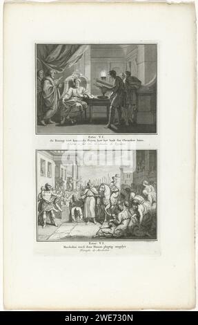 Re Ahasveros può essere letto e condotto a cavallo da Haman, Jacob Folkema, 1791 stampa due esibizioni bibliche da Est. 6) il re Ahasveros non riesce a dormire di notte e può essere letto dalla sua corte, e Haman conduce Mórdechai sul cavallo del re Ahasveros attraverso la città. Due esibizioni di un piatto, ognuna con un titolo in olandese e francese. Completamente numerato in basso a destra: 71. Editore: Amsterdampublisher: Dordrecht paper etching Ahasuerus essendo insonne, gli leggono i documenti della corte. Il trionfo di Mordecai: Mordecai, montato sul cavallo del re, è condotto attraverso la città da Haman (Esther a Foto Stock