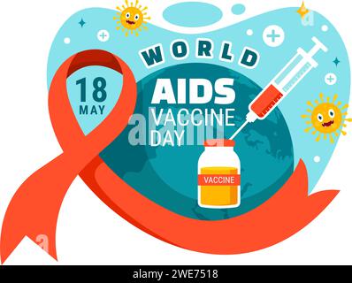 Giornata mondiale del vaccino contro l'AIDS illustrazione vettoriale il 18 maggio con iniezione di prevenzione e sensibilizzazione assistenza sanitaria in disegno di sfondo di cartone animato piatto Illustrazione Vettoriale