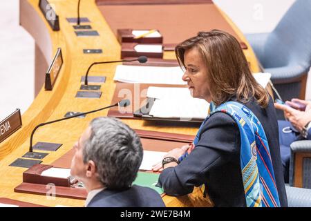 Tanja Fajon, vice primo ministro e ministro degli affari esteri ed europei della Slovenia, interviene durante la riunione del Consiglio di sicurezza sulla situazione in Medio Oriente, compresa la questione palestinese, presso la sede delle Nazioni Unite a New York il 23 gennaio 2024 Foto Stock