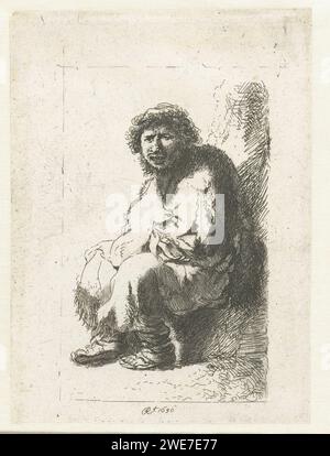 Mendicante seduto su Una banca, anonima, dopo Rembrandt van Rijn, dopo il 1630 inizia l'incisione della carta stampata Foto Stock