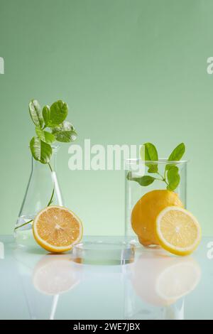 Podio trasparente a forma rotonda visualizzato con becher e matraccio conico. Laboratorio cosmetico di ricerca e sviluppo di Limone (Citrus limon) EXT Foto Stock