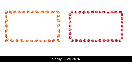 Set di cornici rettangolari con mirtilli rossi e spina dorsale arancione. Lingonberries freschi maturi, sandthorn. Illustrazione acquerello isolata su bianco. Foto Stock