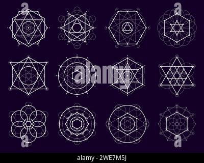 Forme geometriche sacre. Mistero, magia ed esoterici simboli delle arti spirituali Linee vettoriali circolari, triangolari, esagonali, quadrate e a stella di geometria sacra, pentagramma, mandala o griglia di cristallo Illustrazione Vettoriale