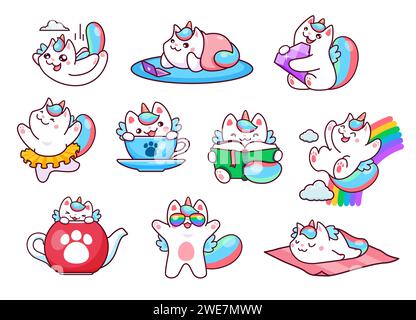 Cartoni animati simpatici e simpatici personaggi di caticorno o gattini unicorni, animali vettoriali per bambini. Allegro caticorno arcobaleno o gattino su nuvola con occhiali da sole, felice ballerina di caticorno o principessa magica Illustrazione Vettoriale