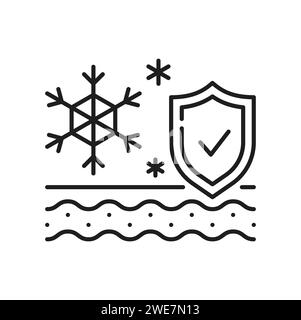 Prodotti per la cura della pelle, icona di protezione invernale per crema viso o mani o idratante, pittogramma a linee vettoriali. Fiocco di neve e scudo con icona lineare della pelle per il trattamento invernale di protezione dal freddo e prodotti cosmetici Illustrazione Vettoriale