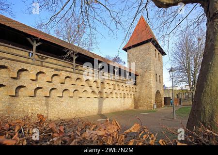 Fortificazioni storiche della città con torre colombaia, mura cittadine con merlature e passerella Alzey, regione Reno-Assia, Renania-Palatinato, Germania Foto Stock