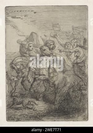 Macbeth e Banquo incontrano le tre streghe, Theodoor Schaepkens, carta stampata 1825 - 1883. Incidere Macbeth Foto Stock