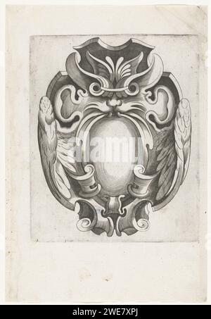 Cartiglio a forma di mascaron alato, stampa c. 1628 incisione su carta francese Foto Stock