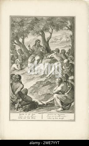 Mountaine, Joseph Mulder, dopo Arnold Houbraken, 1720 - 1728 stampa Cristo siede sulla montagna e insegna ai suoi studenti. In fondo al margine un riferimento al testo biblico e al titolo in greco, inglese, tedesco, latino, francese e olandese. Incisione su carta di Amsterdam / incisione del sermone di Cristo sul monte (Matteo 5-7) Foto Stock