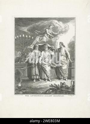 Mosè, Aronne e Cristo simboleggiano il vecchio e il nuovo Testamento, Simon Fokke, dopo Louis Fabritius Dubourg, 1774 - 1784 stampa Cristo (nuovo Testamento) rivela Mosè e Aronne (Antico Testamento) da sotto un tappeto. Aronne indossa i ricchi vestiti di un sommo sacerdote, dietro Mosè ci sono le due tavolette di pietra con i dieci Comandamenti. Sopra questi tre c'è la personificazione della chiesa con una croce su una nuvola. Sulla sinistra c'è Aaron de Menora e l'Arca dei Verbond. In lontananza, la corsa in rame si muove intorno a una croce. Amsterdam paper etching Mosè (non in contesto biblico); possibile attrib Foto Stock