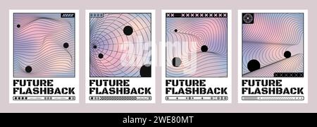 Layout del poster retro y2k. Modello di composizione di banner e copertina alla moda in stile vintage anni '2000 con superficie geometrica a onda griglia e sfera nera su sfondo liquido sfumato pastello e testo. Illustrazione Vettoriale