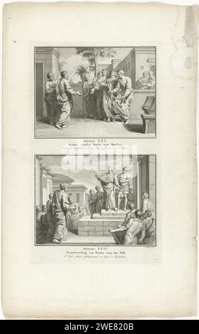 Profezia di Agabus e Paulus parla al popolo, Jacob Folkema, 1791 stampa due esibizioni bibliche dalla mano. 21 e 22. Agabus predice Paolo che sarà legato a mani e piedi a Gerusalemme, e Paolo parla da una scala al popolo. Due esibizioni di un piatto, ognuna con un titolo in olandese e francese. Completamente numerato in basso a destra: 47. Editore: Amsterdampublisher: Il documento di Dordrecht che incide l'arresto di Paolo a Gerusalemme è predetto da Agabus, che lega le sue mani e i suoi piedi alla cintura di Paolo. Paul parla alla gente dalle scale Foto Stock