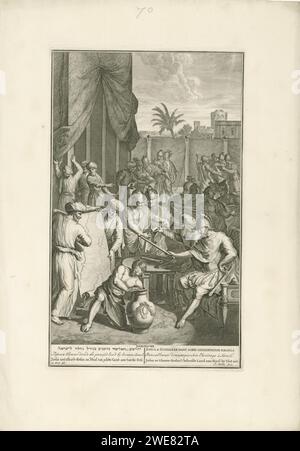 Jozua ed Eleazar distribuiscono la terra promessa, Joseph Mulder, dopo Gerard Hoet (i), stampa 1720 - 1728 oltre alla tenda d'incontro, i rappresentanti di sette diverse tribù d'Israele si incontrano con Giosuè e il sacerdote Eleazar. Due uomini mostrano una mappa della terra promessa e un uomo bendato ne tira un sacco da un vaso per assegnare le aree alle tribù. Joshua guarda, con uno scettro in mano. Eleazar consegna i biglietti della lotteria ai delegati. In fondo al margine un riferimento al testo della Bibbia e al titolo in ebraico, inglese, tedesco, latino, francese e olandese. Incisione su carta Amsterdam/ecc. Foto Stock