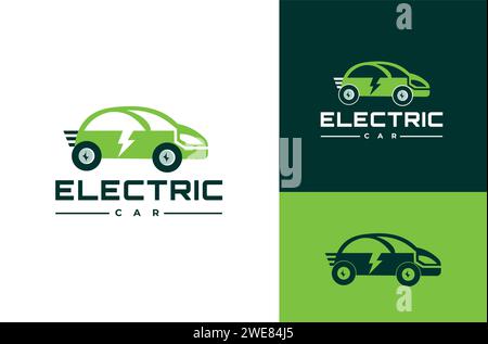 Auto elettrica veloce veicolo ibrido verde, concetto di veicolo ecologico, illustrazione vettoriale, simbolo, icona con Backgroun bianco, verde e verde scuro Illustrazione Vettoriale