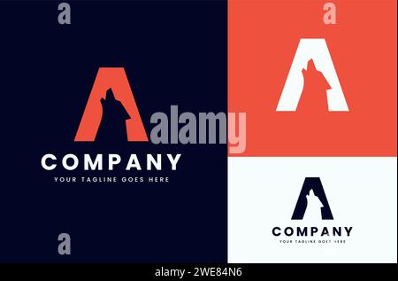 Semplice lettera iniziale A con testa Wolf isolata su sfondo bianco, rosso e blu scuro. Può essere utilizzato per Logo aziendali e Branding. Logo Flat Vector D. Illustrazione Vettoriale