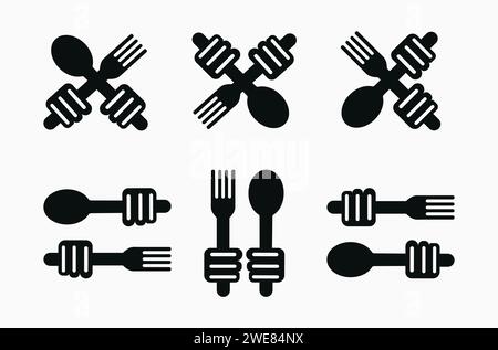 Set di icone di cucchiaio e posate a forchetta con silhouette illustrazioni vettoriali Illustrazione Vettoriale