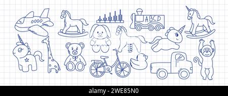 Elementi disegnati a mano dall'asilo. Giocattoli per bambini Illustrazione Vettoriale