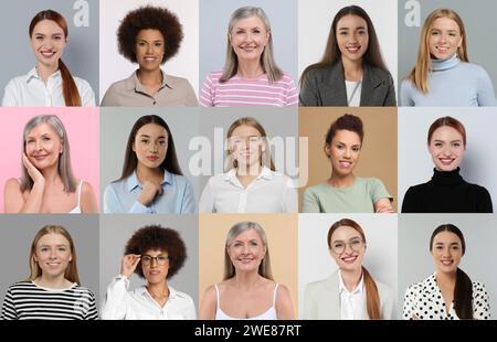 Ritratti di belle donne su sfondi a colori, raccolta di foto Foto Stock