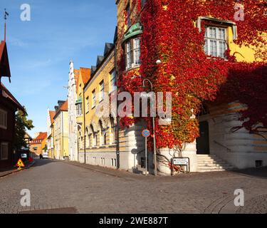 VISBY, SVEZIA, IL 10 OTTOBRE 2019. Vista sulla strada dei vecchi edifici. Bellissimi edifici in città. Uso editoriale. Foto Stock