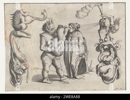 Moglie e mostro maschile con brocca e tazza, anonimo, dopo Arent van Bolten, c. 1604 - c. 1616 stampe al centro sono una donna e un mostro maschile con una brocca e una tazza. Gli animali mostri sono su maschere su entrambi i lati. N. 1 dalla serie di 7 riviste. Ornamento per incisione di carta di Parigi  grottesco Foto Stock