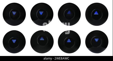 Magic Eight Ball con previsioni diverse isolate su bianco, Collection Foto Stock