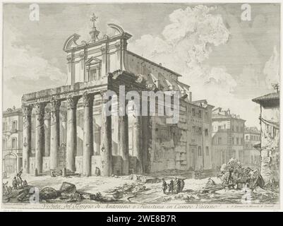 Tempel Van Antoninus en Faustina te Rome, Giovanni Battista Piranesi, 1748 - 1778 stampa veduta del Tempio di Antonino e Faustina sul foro Romano di Roma (la cella del Tempio è stata convertita in chiesa: La San Lorenzo in Miranda). Titolo nel margine finale. Tempio di carta di Roma, santuario  religione romana. chiesa (esterno). rovina di un edificio  architettura. paesaggio con rovine. Chiesa Cattolica Romana Roma. Tempio di Antonino e Faustina. Forum Romanum. San Lorenzo a Miranda Foto Stock