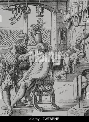 Il Barber. Riproduzione di un'incisione del XVI secolo di Jost Amman. "Moeurs, usages et costumes au moyen-âge et à l'époque de la Renaissance", di Paul Lacroix. Parigi, 1878. Foto Stock