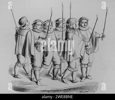 Storia della Francia. Gruppo di orafi che precedono l'arca di San Marcello. Regno di Luigi XIII (1610-16143). Facsimile di un'incisione dopo una lastra di rame del periodo. "Moeurs, usages et costumes au moyen-âge et à l'époque de la Renaissance", di Paul Lacroix. Parigi, 1878. Foto Stock